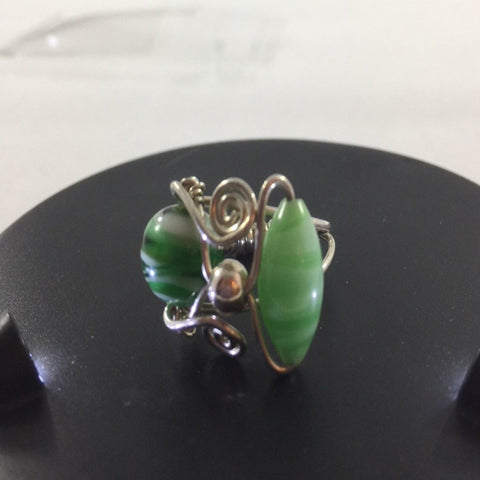 Ring, Sterling Wire Wrap with 2 Green Beads.  Size 6 1/2