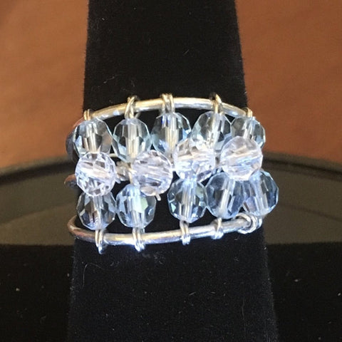 Sterling Wire Wrap,  3 Bands with 14 Pale Blue and Crystal Swarovski Beads.  Size 8 1/2