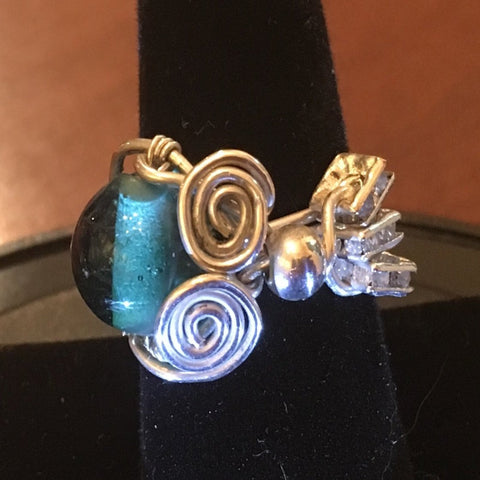 Sterling Wire Wrap, Teal Bead and 3 Square Swarovski Elements.  Size 7.5