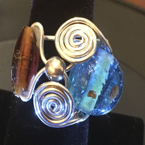 Sterling Wire Wrap, Turquoise Lampwork and Topaz Glass Beads. Size 10