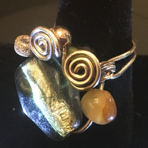 Sterling Wire Wrap, Green Glass Foil bead with Amber glass  round bead.  Size 10.5