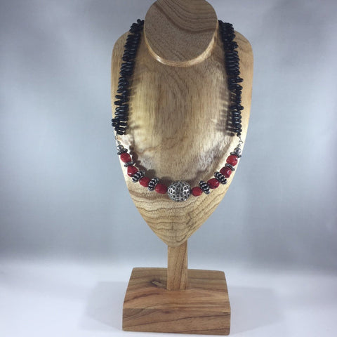 Black Matte Teardrop Beaded Necklace with Chunky Red and Silver Beads.  Necklace 20".  Earrings included.