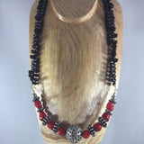 Necklace, Black Matte Teardrop Beaded Necklace with Chunky Red and Silver Beads