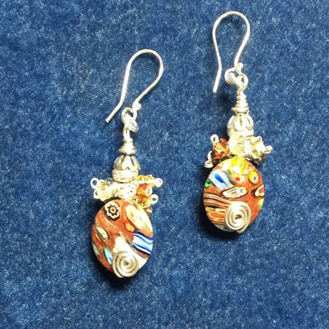 Pierced Silver Wire Wrapped Earrings with 26 Swarovski's and Murano Glass Bead