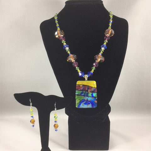 Dichroic Fused Glass Sunset Pendant Necklace with Swarovski Beads. Sterling clasp. Necklace 18"  Pendant 2-1/2"