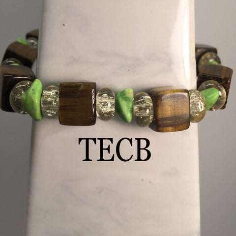 Green Chip bracelet.  Tigers eye Squares and Cracked glass.  Sterling