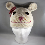 Cream Bunny Hat with Pink Bow. Cotton yarn. Size Large, 18mos to 5yrs.  Amigurumi pattern.  Machine wash gentle cold.  Do not put in dryer.