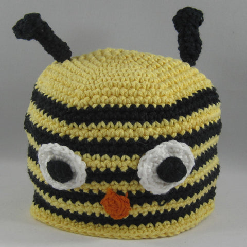 Crochet Hat, Yellow Bee.  Cotton yarn.  Newborn to 18mos.  Crocheted Amigurumi pattern. Machine wash gentle cold.  Do not put in dryer.
