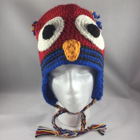 Crochet Hat,  Bright Red Parrot, Youth Extra Large.  Acrylic Yarn. Machine washable cold water.